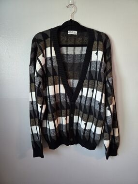 Vintage AREA Geometric Cardigan Sweater Made in USA Abstract Pattern Mens Large